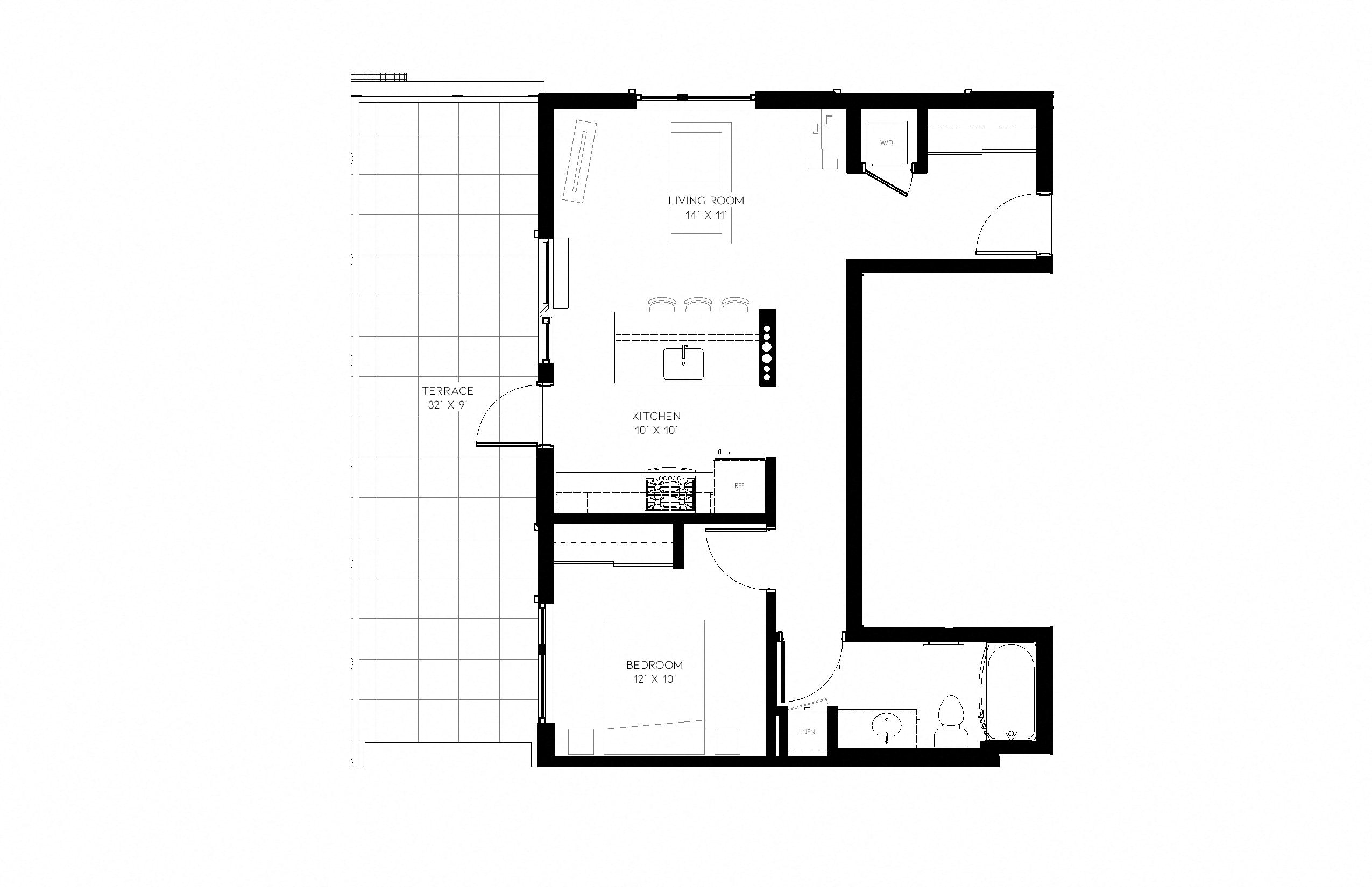 Floor plan for 1 bed, 1 bath, 638 sqft